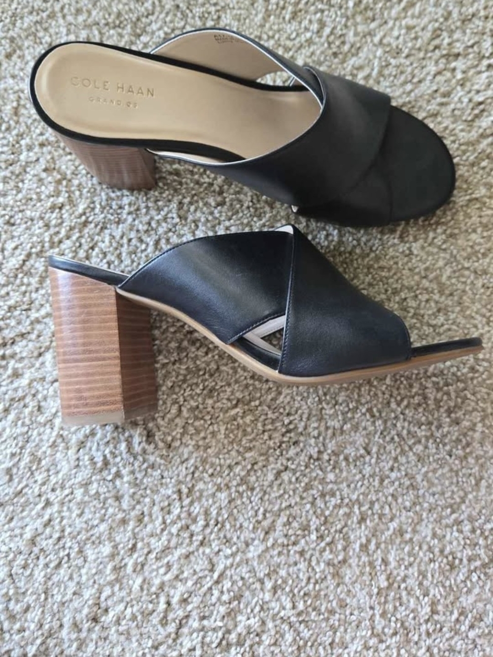 Cole Haan Black Leather Crossover Block Heel Mules